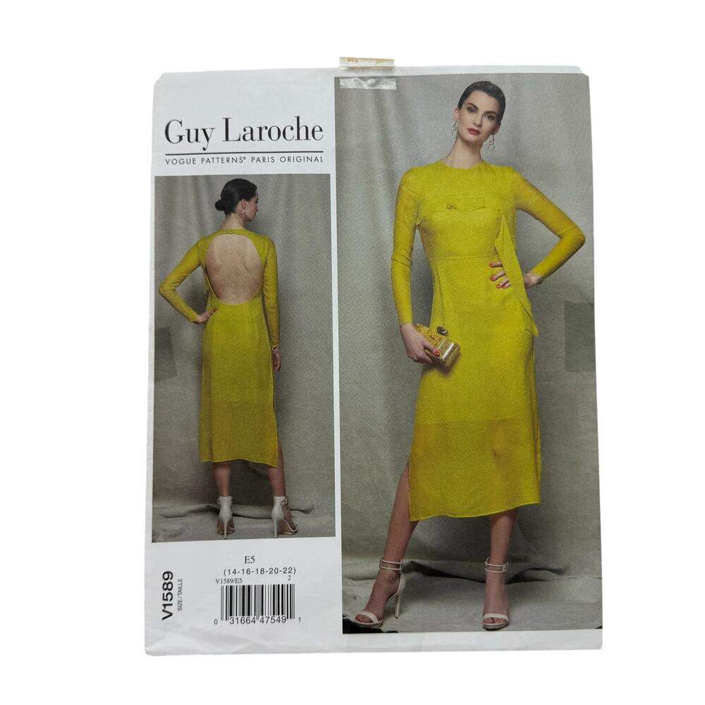 VOGUE Guy Laroche Dress Pattern Size 14/16/18/20/22 V1589 Uncut Backless Lined